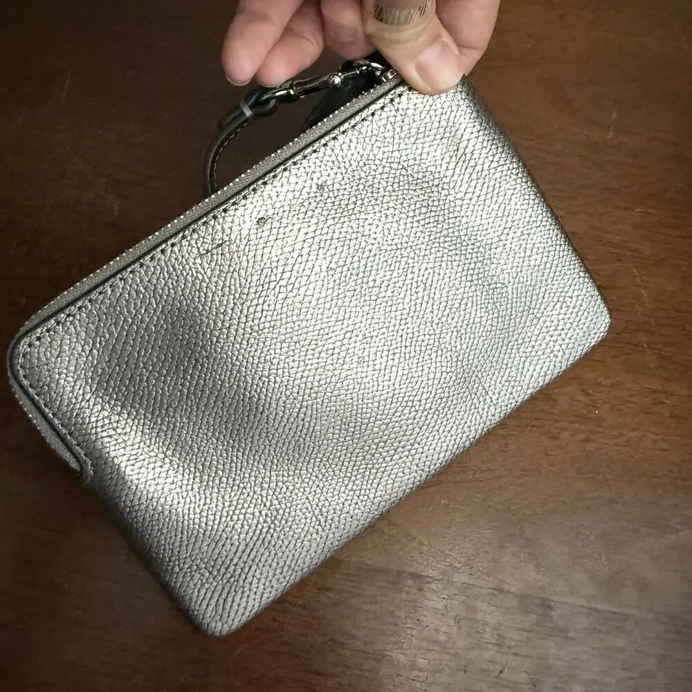 COACH Metallic Gunmetal Silver Leather Wristlet Wallet Clutch